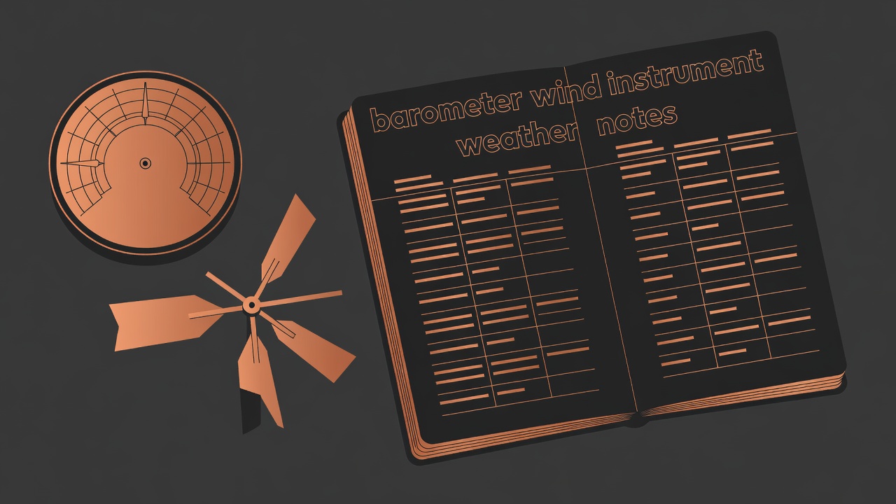 Flat copper and charcoal illustration of a barometer, wind display and weather notebook with labelled observations
