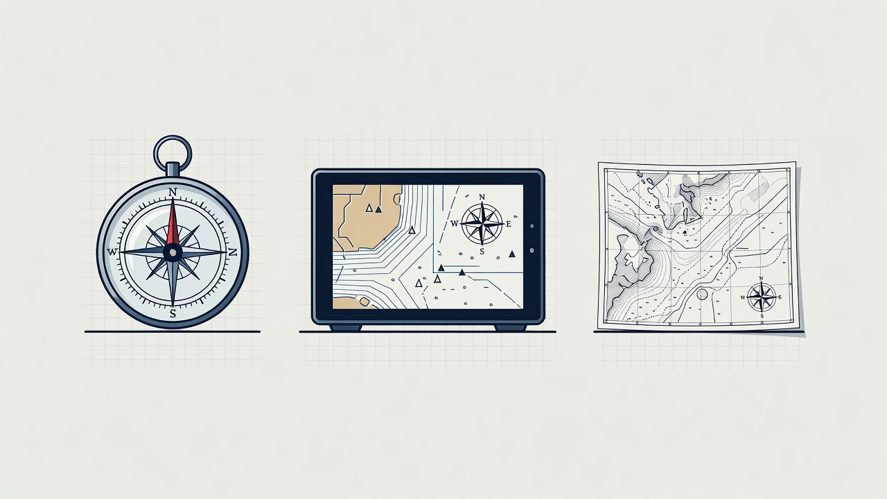 Labelled flat illustration comparing a compass, chartplotter and paper chart as separate navigation tools