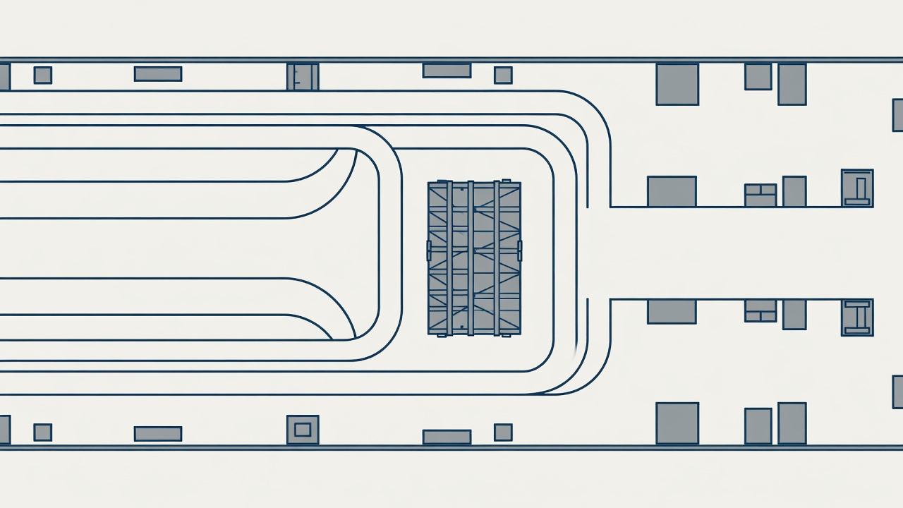 Flat vector stowage plan showing separate working lines, a restrained locker box and an unobstructed companionway