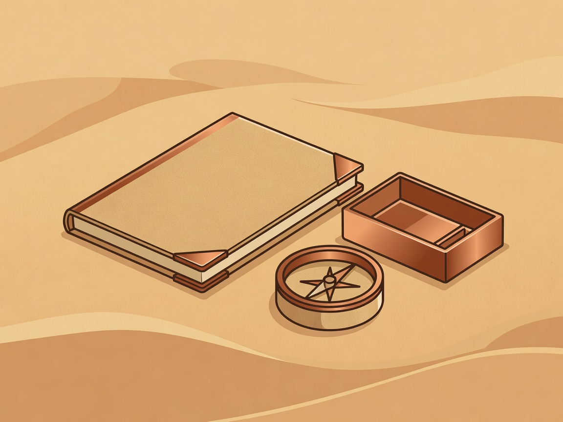 Flat vector illustration of an equipment notebook, compass and labelled storage tray in sand and copper
