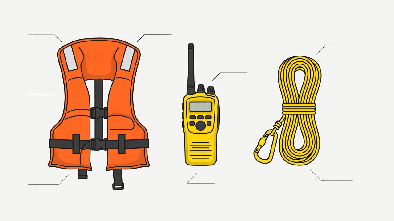 Flat labelled illustration of a lifejacket, handheld marine radio and recovery line in separate accessible positions